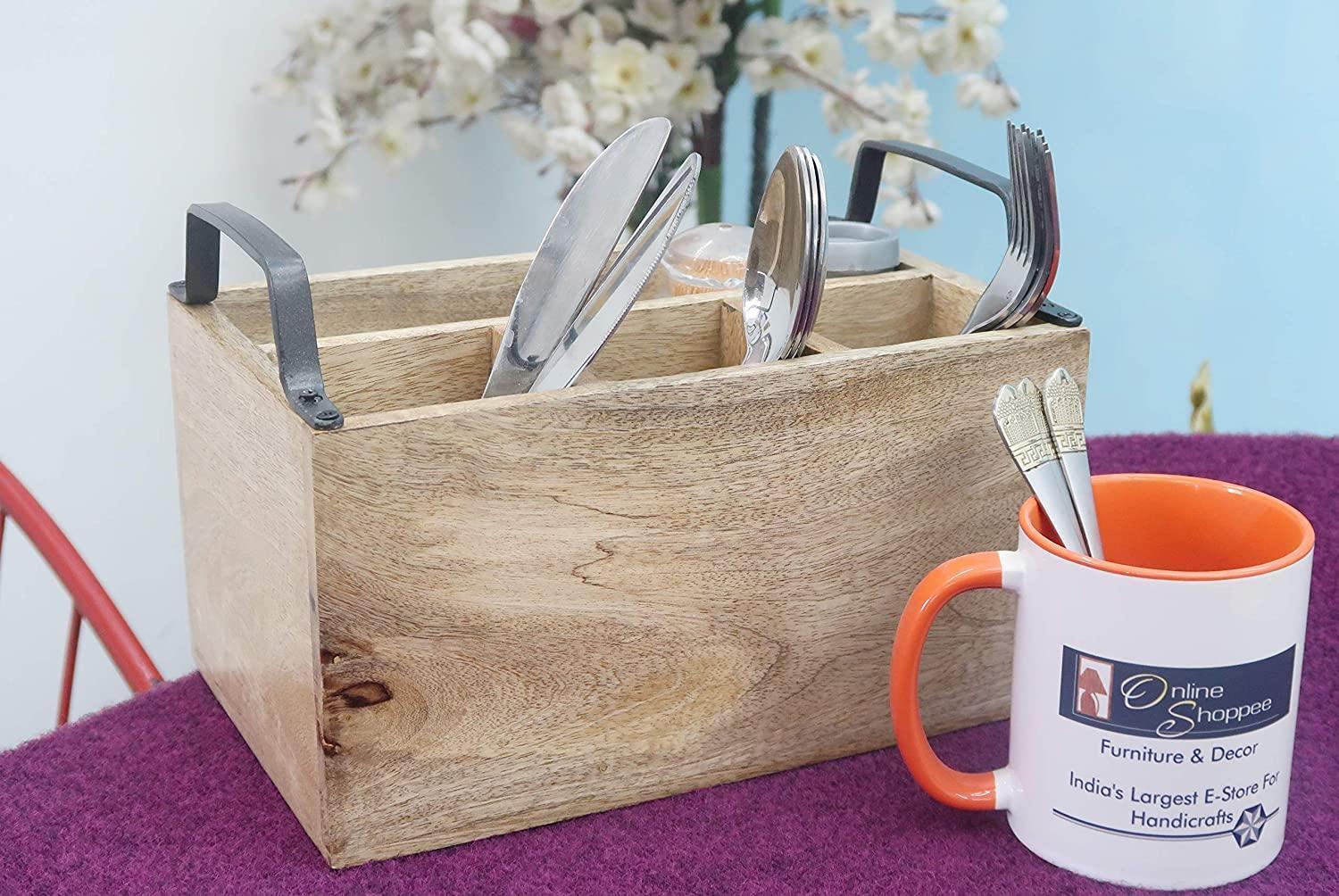 Wooden Caddy with Iron Handles - 4 Compartment Kitchen Organizer and Utensil Holder - Wooden Twist UAE