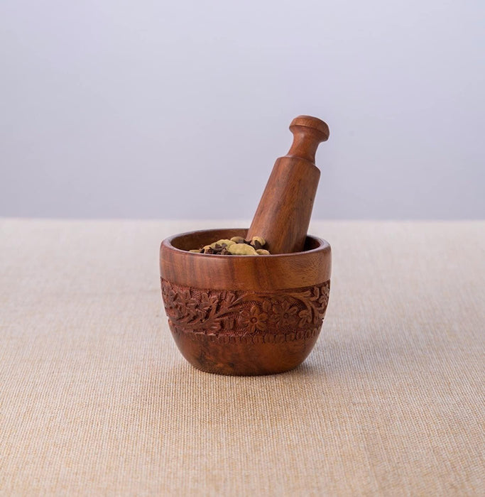 Brown Wooden Kitchen Tool Set (Wood Carved Pestle and Mortar) - Wooden Twist UAE