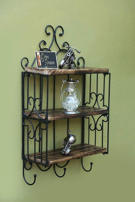 Wooden & Iron 3 Shelf Book/ Kitchen Rack With Cloth/Cup Hanger - Wooden Twist UAE