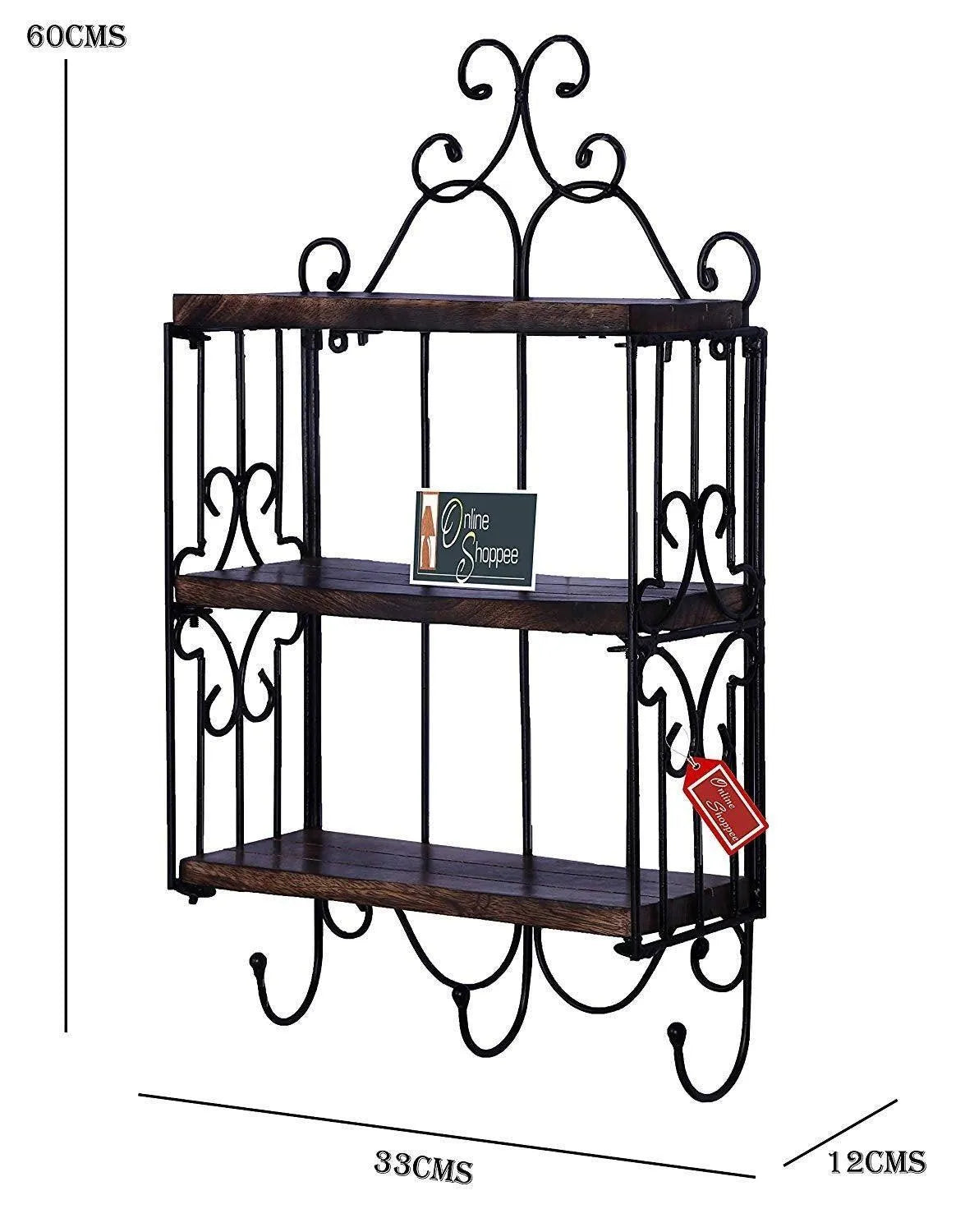 Wooden & Iron 3 Shelf Book/ Kitchen Rack With Cloth/Cup Hanger - Wooden Twist UAE