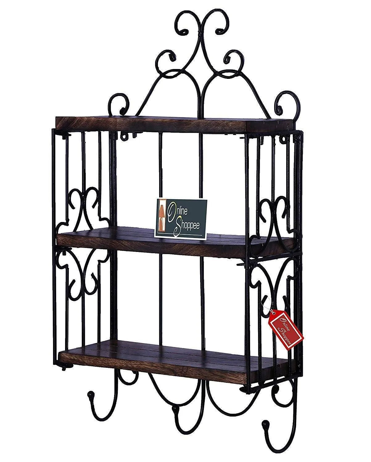 Wooden & Iron 3 Shelf Book/ Kitchen Rack With Cloth/Cup Hanger - Wooden Twist UAE