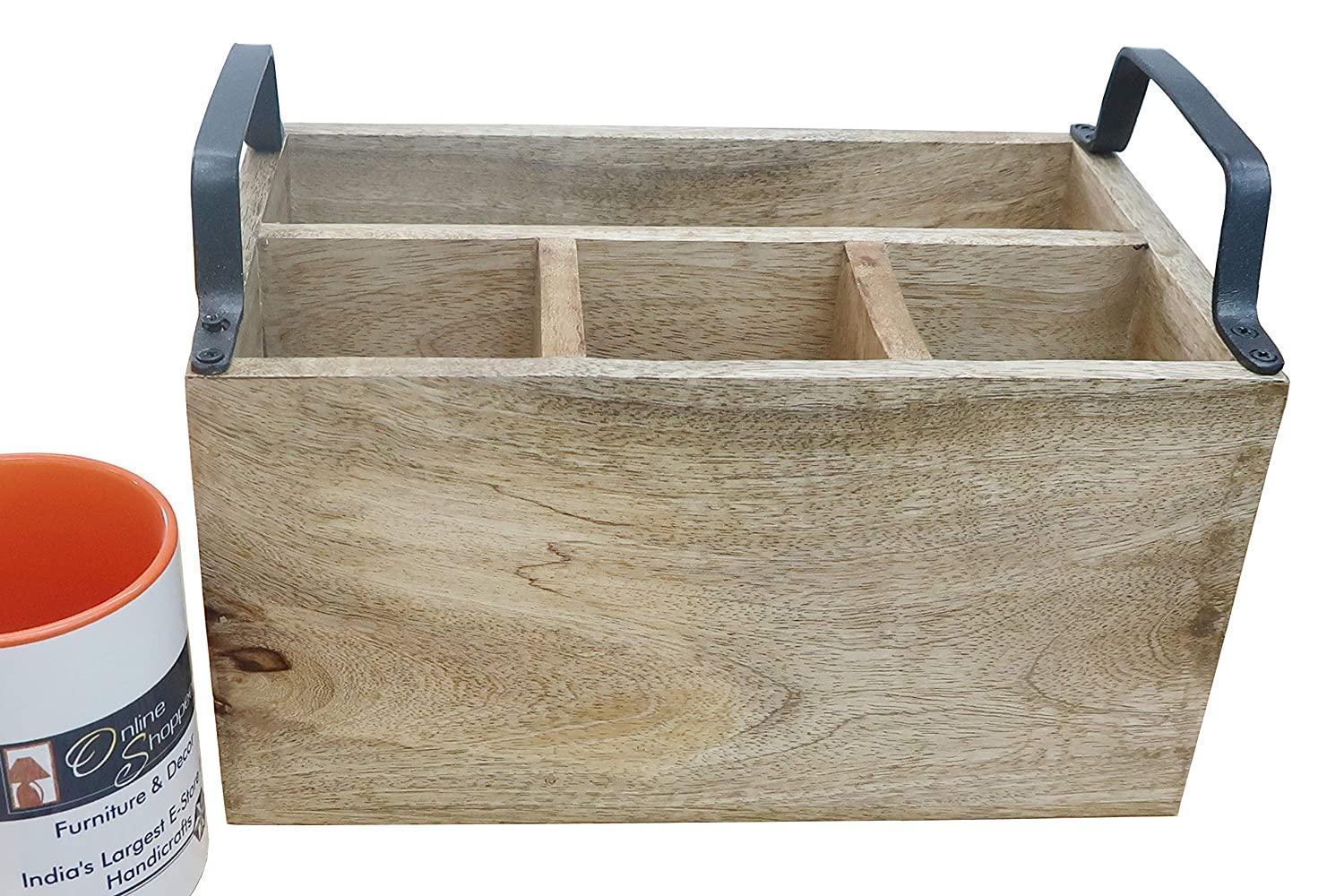 Wooden Caddy with Iron Handles - 4 Compartment Kitchen Organizer and Utensil Holder - Wooden Twist UAE