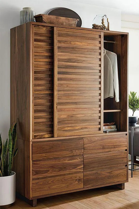 Wooden Twist Traditional Design Sliding Doors Wardrobe with Six Drawers And 2 Door ( Brown ) - Wooden Twist UAE