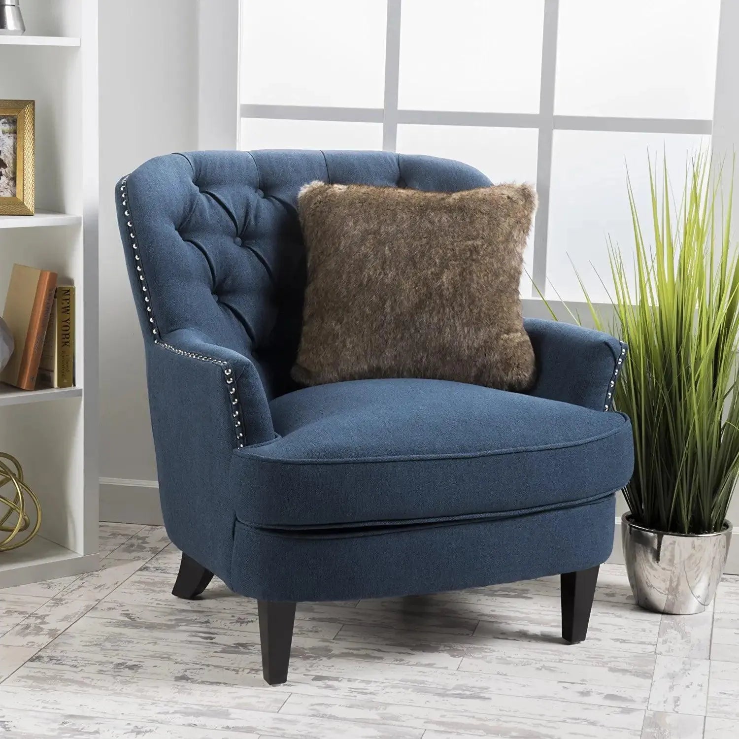 Modern Tufted Grandpa Lounge Armchair (Blue) - Wooden Twist UAE