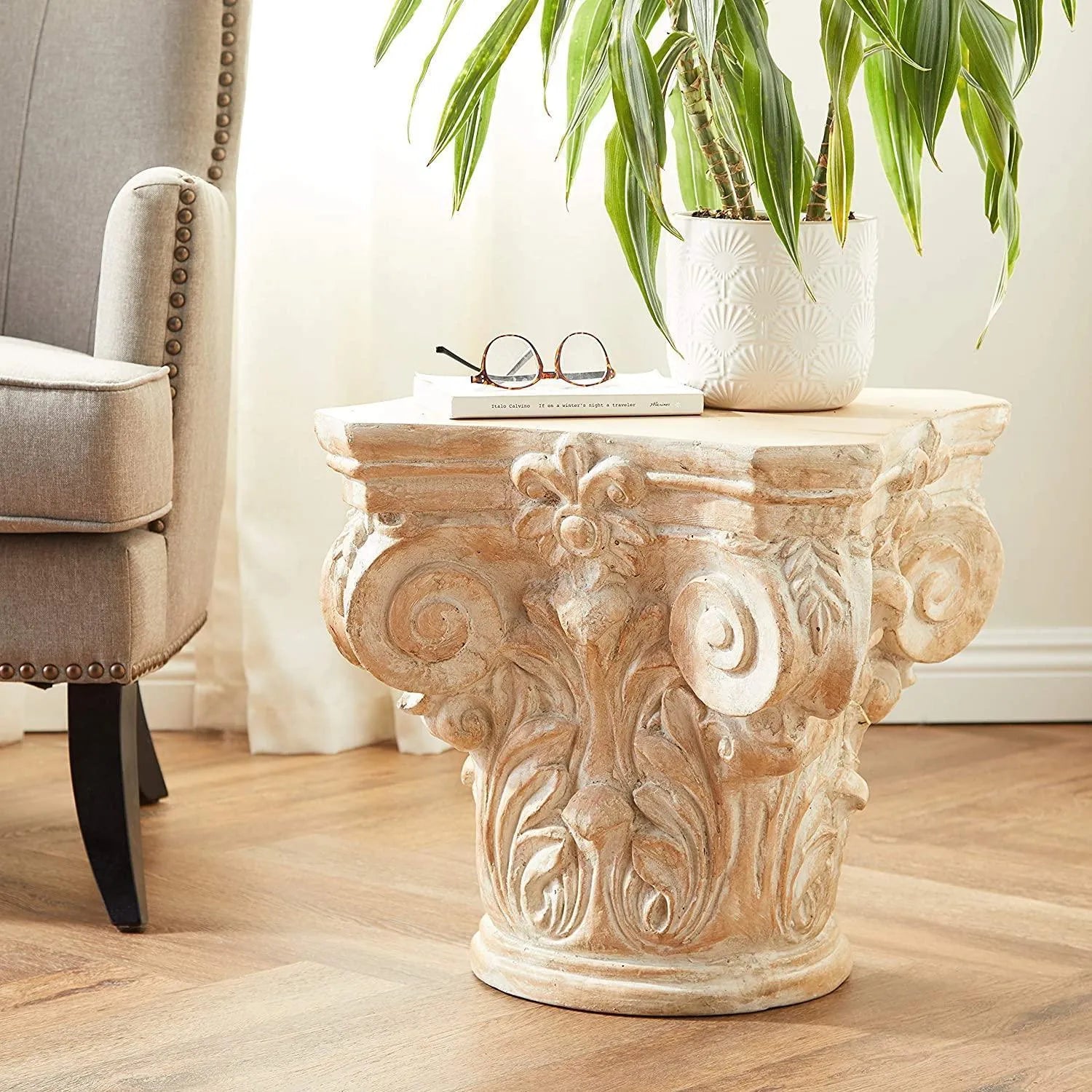 Wooden Twist Hand Carved Pedestal Style End Table Mango Wood - Wooden Twist UAE