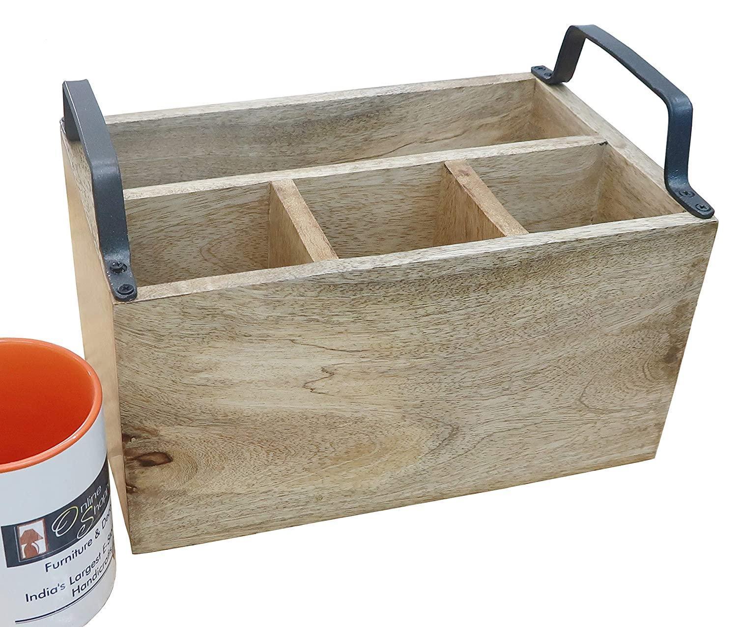 Wooden Caddy with Iron Handles - 4 Compartment Kitchen Organizer and Utensil Holder - Wooden Twist UAE