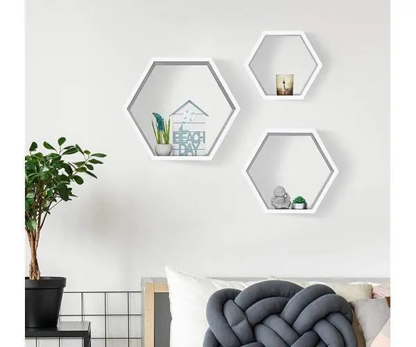 Hexagonal Shape Wooden Floating Wall Shelves Set of 3 - Wooden Twist UAE