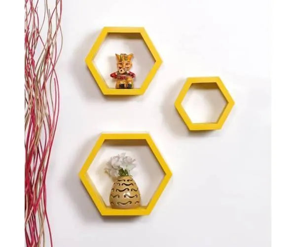 Hexagonal Shape Wooden Floating Wall Shelves Set of 3 - Wooden Twist UAE