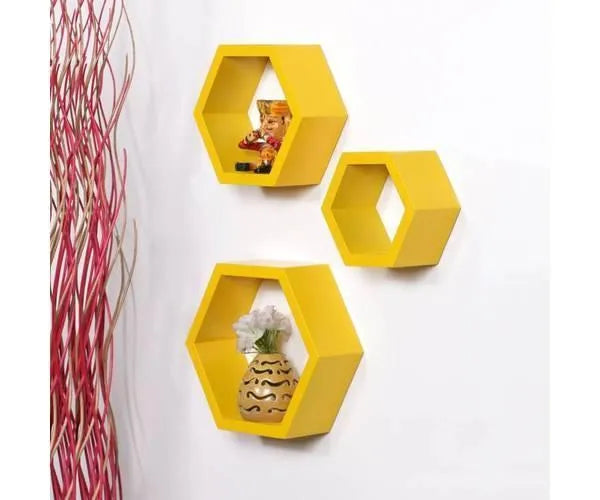 Hexagonal Shape Wooden Floating Wall Shelves Set of 3 - Wooden Twist UAE