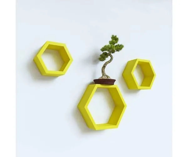 Hexagonal Shape Wooden Floating Wall Shelves Set of 3 - Wooden Twist UAE