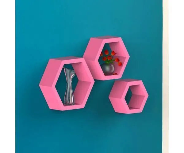 Hexagonal Shape Wooden Floating Wall Shelves Set of 3 - Wooden Twist UAE