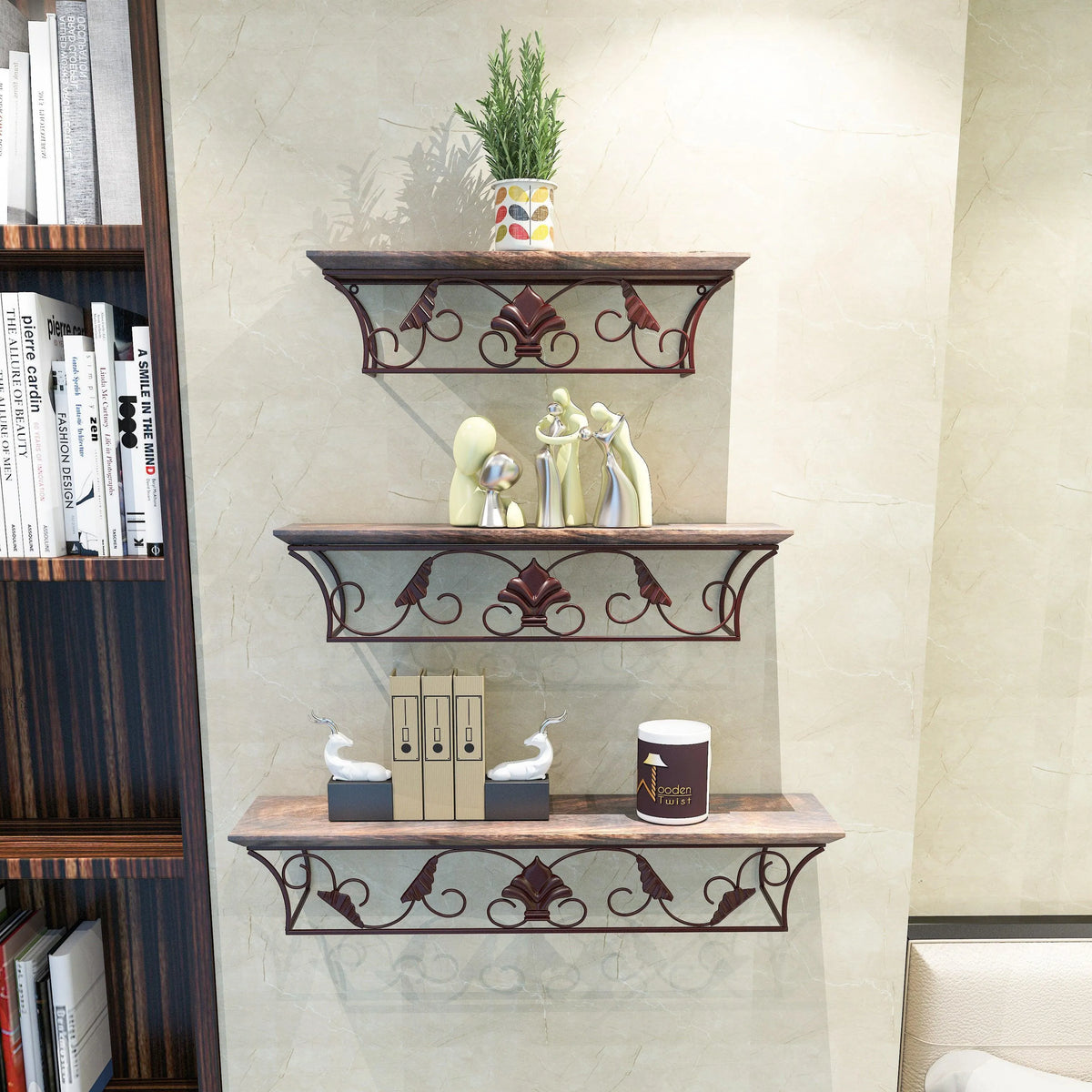 Wooden & Iron Hermosa Floating Wall Shelves Set of 3 - Wooden Twist UAE