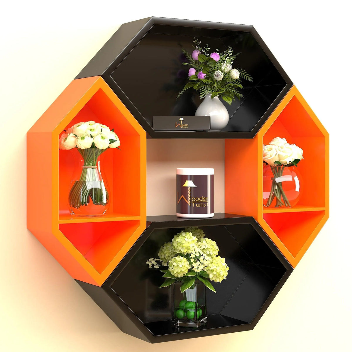 Wooden Pared Hexagon Floating Wall Shelf with 4 Shelves - Wooden Twist UAE