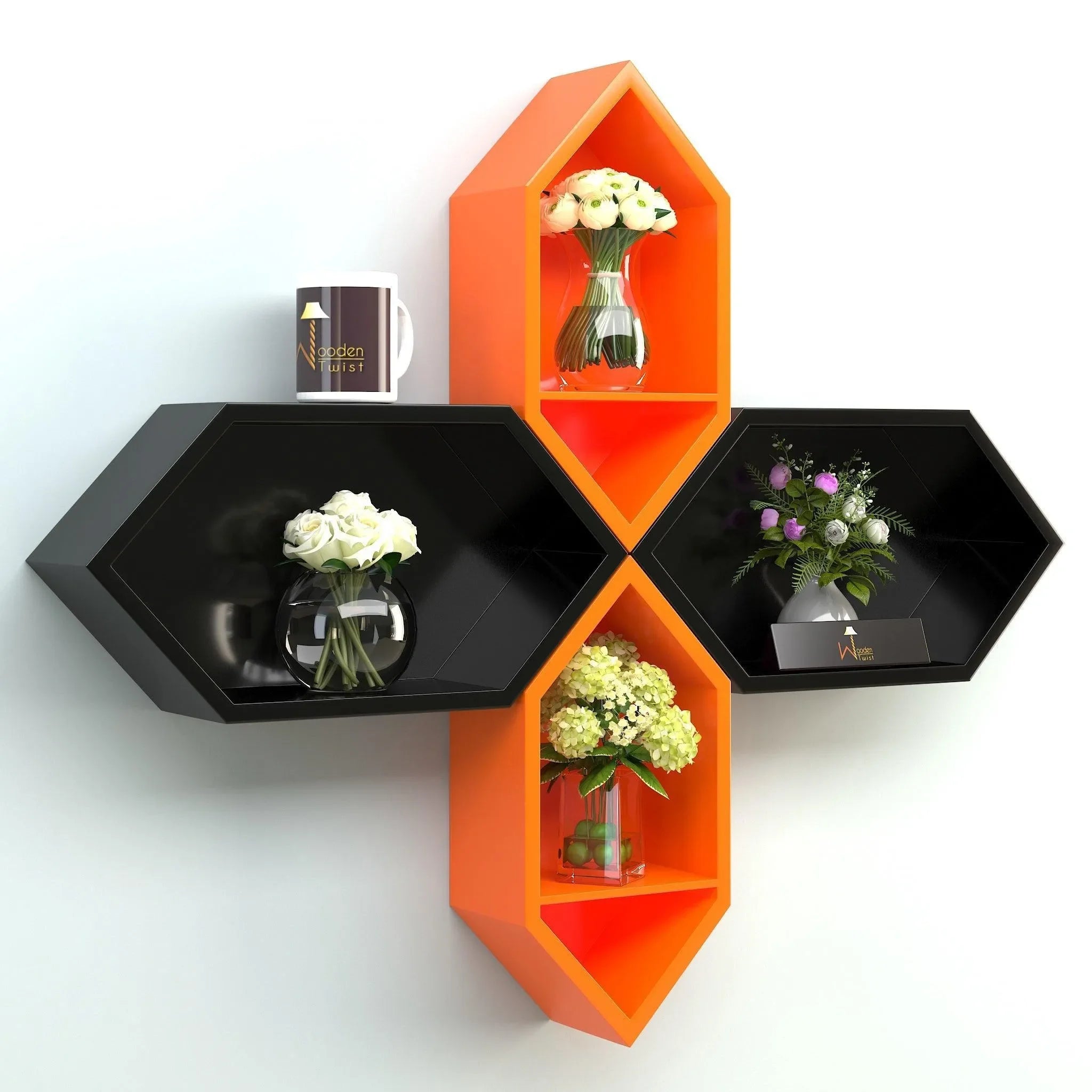 Wooden Pared Hexagon Floating Wall Shelf with 4 Shelves - Wooden Twist UAE