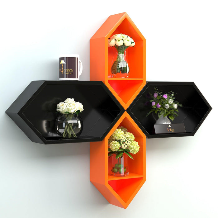 Wooden Pared Hexagon Floating Wall Shelf with 4 Shelves