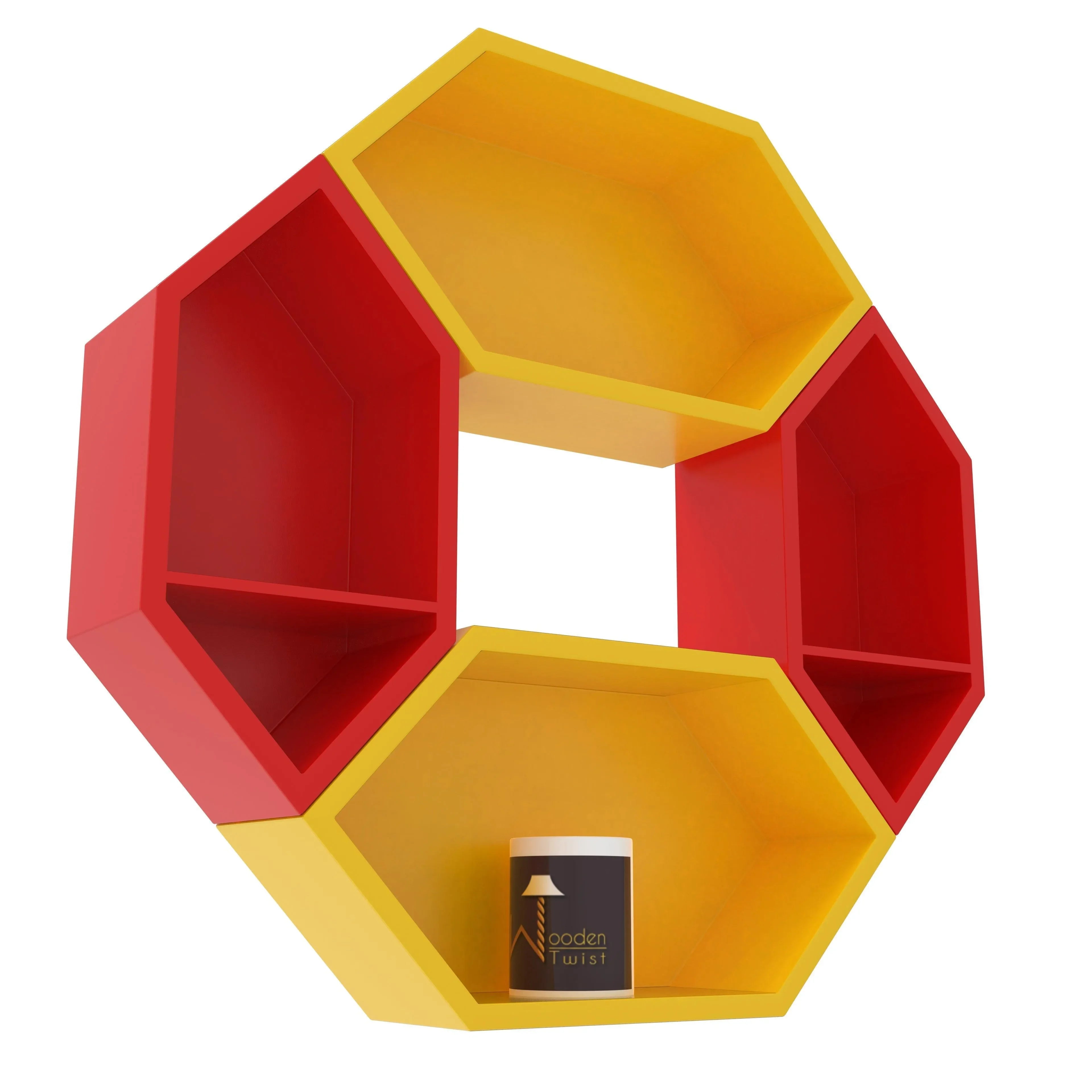 Wooden Pared Hexagon Floating Wall Shelf with 4 Shelves - Wooden Twist UAE