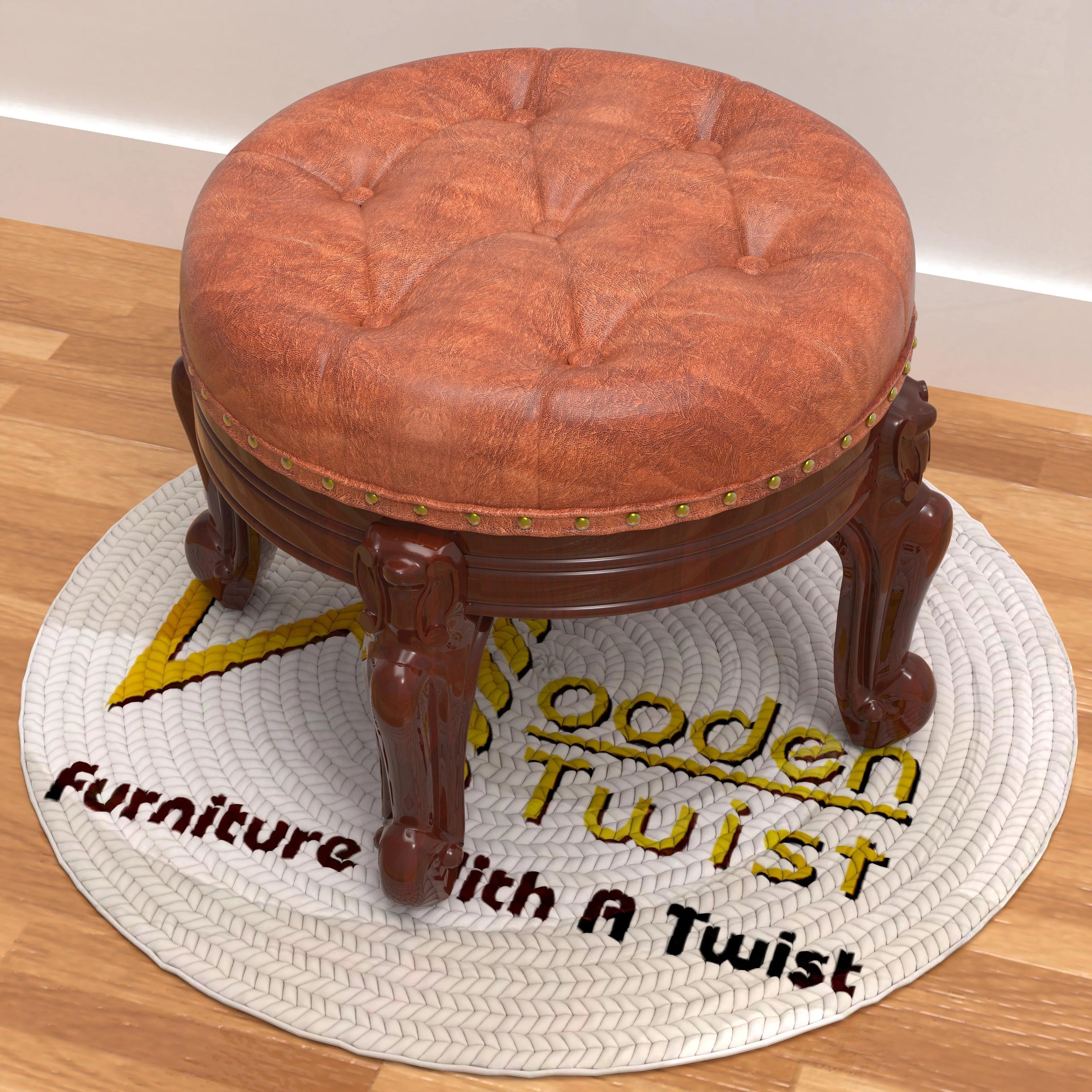 Foot Stool Round Ottoman Mid Century Foot Rest Cushion for Living Room - Wooden Twist UAE