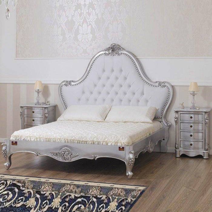 Silver Queen Size Teak Wood Bed Hand Carved with Cushioned Design