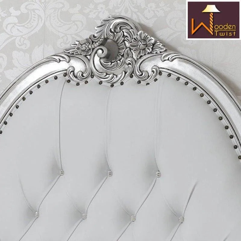 Silver Queen Size Teak Wood Bed Hand Carved with Cushioned Design - Wooden Twist UAE