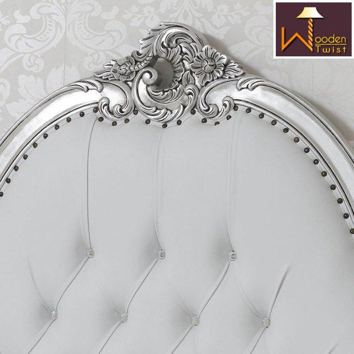 Silver Queen Size Teak Wood Bed Hand Carved with Cushioned Design - Wooden Twist UAE