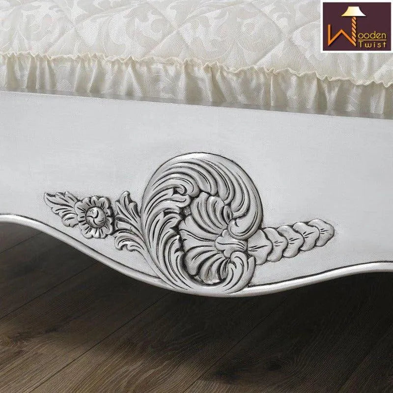 Silver Queen Size Teak Wood Bed Hand Carved with Cushioned Design - Wooden Twist UAE