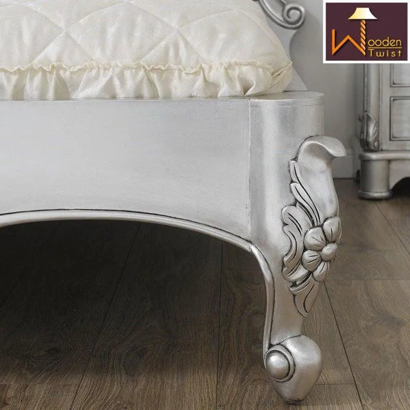 Silver Queen Size Teak Wood Bed Hand Carved with Cushioned Design - Wooden Twist UAE