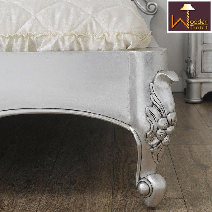 Silver Queen Size Teak Wood Bed Hand Carved with Cushioned Design - Wooden Twist UAE