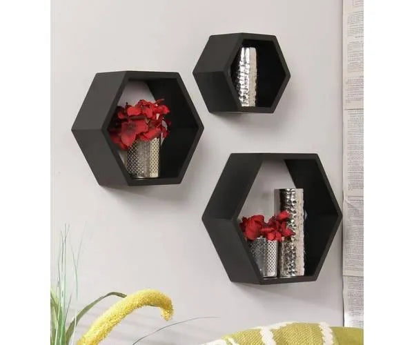 Hexagonal Shape Wooden Floating Wall Shelves Set of 3 - Wooden Twist UAE