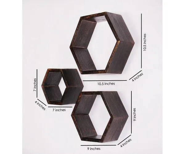 Hexagonal Shape Wooden Floating Wall Shelves Set of 3 - Wooden Twist UAE