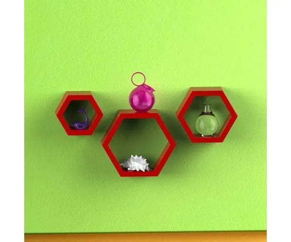 Hexagonal Shape Wooden Floating Wall Shelves Set of 3 - Wooden Twist UAE