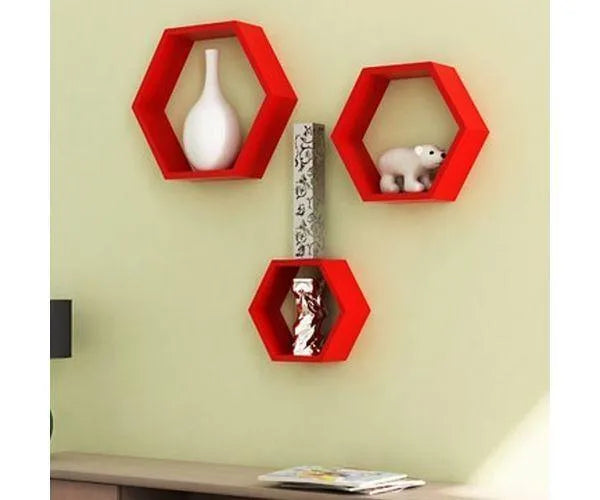 Hexagonal Shape Wooden Floating Wall Shelves Set of 3 - Wooden Twist UAE