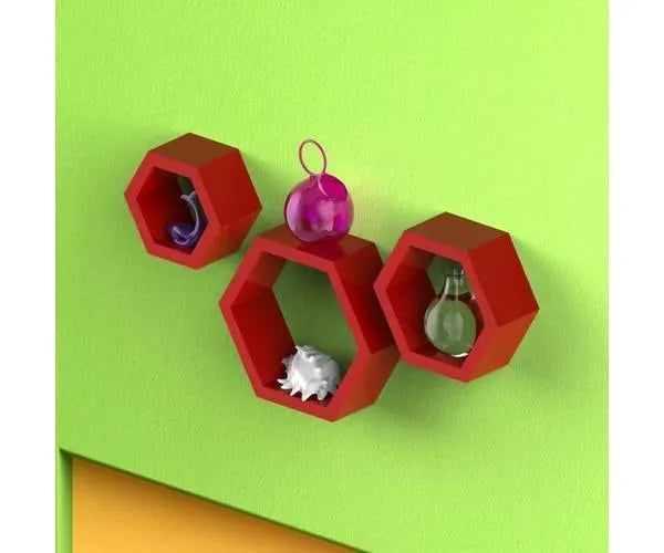 Hexagonal Shape Wooden Floating Wall Shelves Set of 3 - Wooden Twist UAE