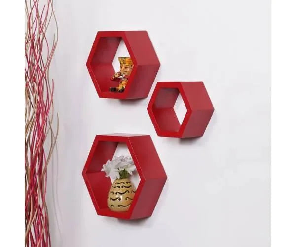 Hexagonal Shape Wooden Floating Wall Shelves Set of 3 - Wooden Twist UAE