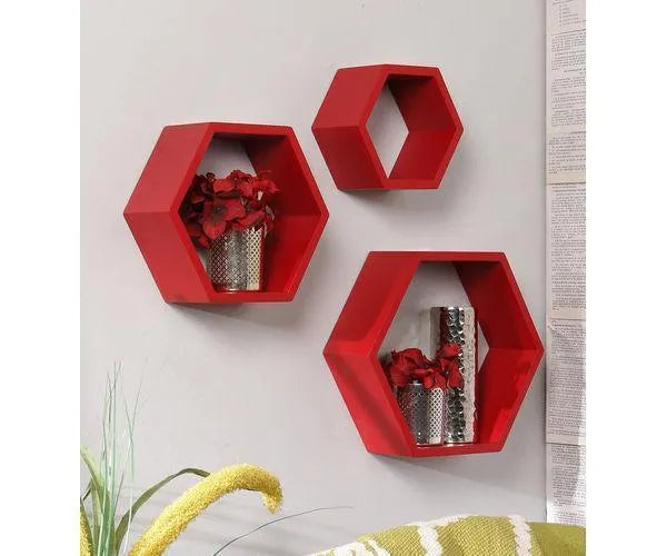 Hexagonal Shape Wooden Floating Wall Shelves Set of 3 - Wooden Twist UAE