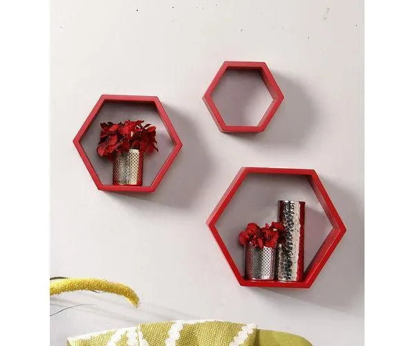 Hexagonal Shape Wooden Floating Wall Shelves Set of 3 - Wooden Twist UAE