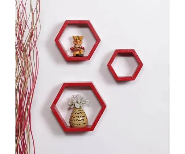 Hexagonal Shape Wooden Floating Wall Shelves Set of 3 - Wooden Twist UAE