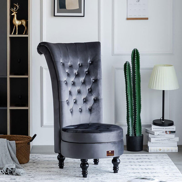 Wooden Wide Tufted Velvet High Back Throne Armless Chair with Storage (Grey) - Wooden Twist UAE