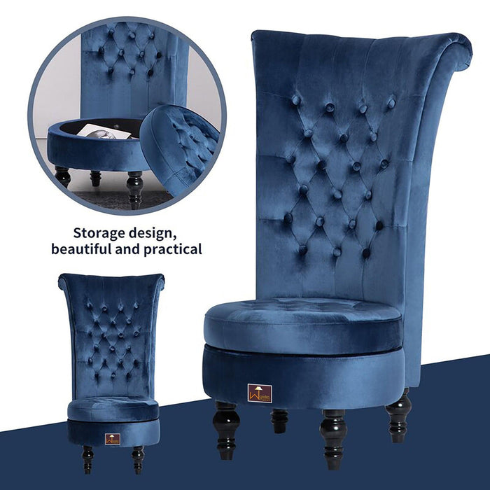 Wooden Wide Tufted Velvet High Back Throne Armless Chair with Storage (Blue)