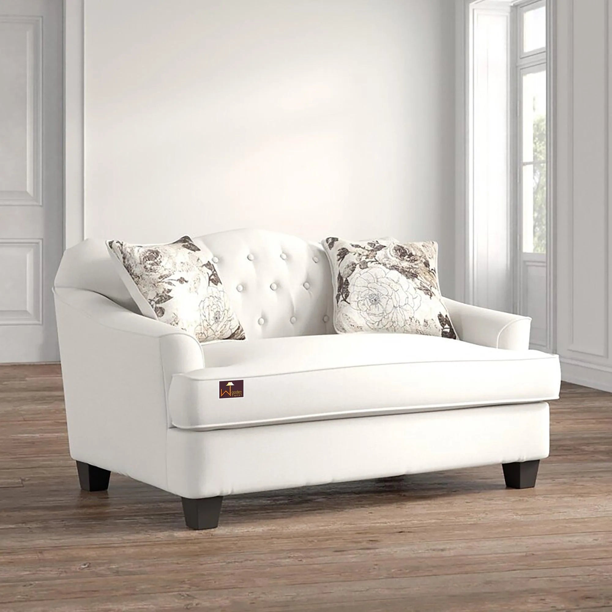 Wooden Recessed Arm Loveseat Sofa 2 Seater, Beige (Walnut Legs) - Wooden Twist UAE