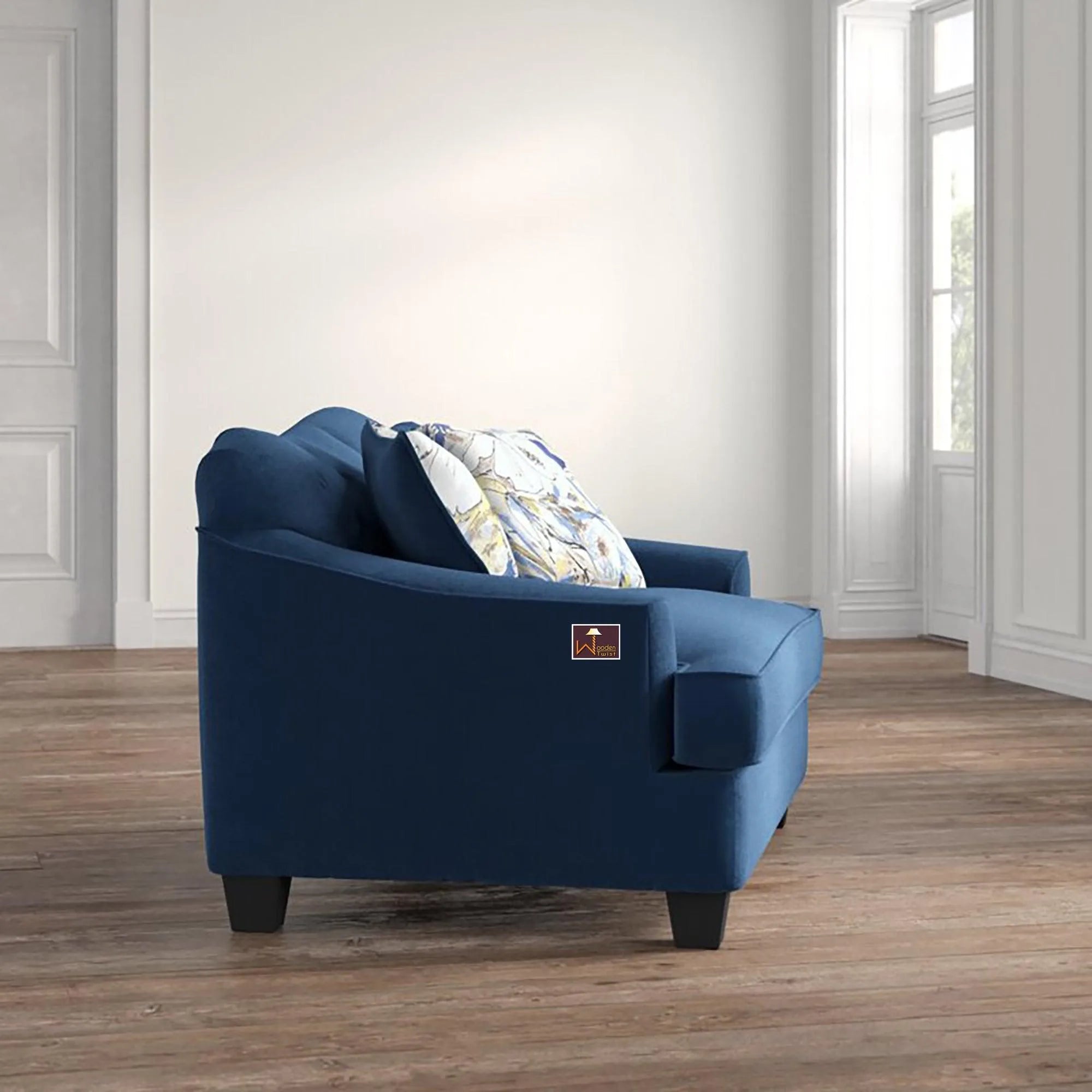 Wooden Recessed Arm Loveseat Sofa 2 Seater Blue (Walnut Legs) - Wooden Twist UAE