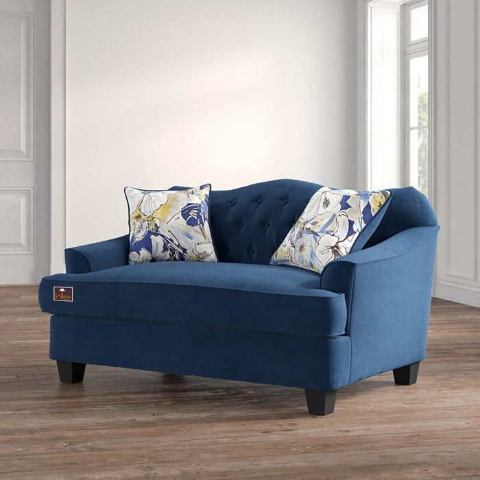 Wooden Recessed Arm Loveseat Sofa 2 Seater Blue (Walnut Legs)