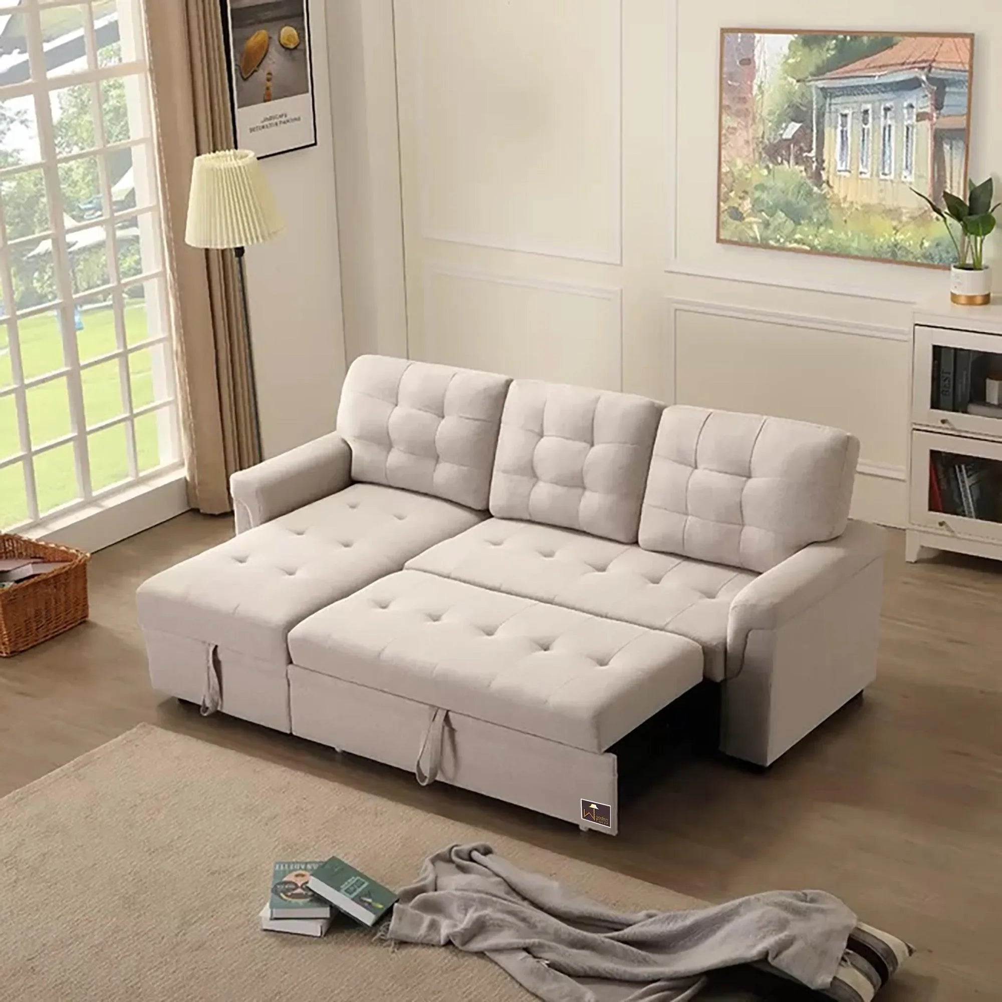 Modern 5 Seater L-Shape Sofa Cum Bed with Comfort Cushion - Wooden Twist UAE