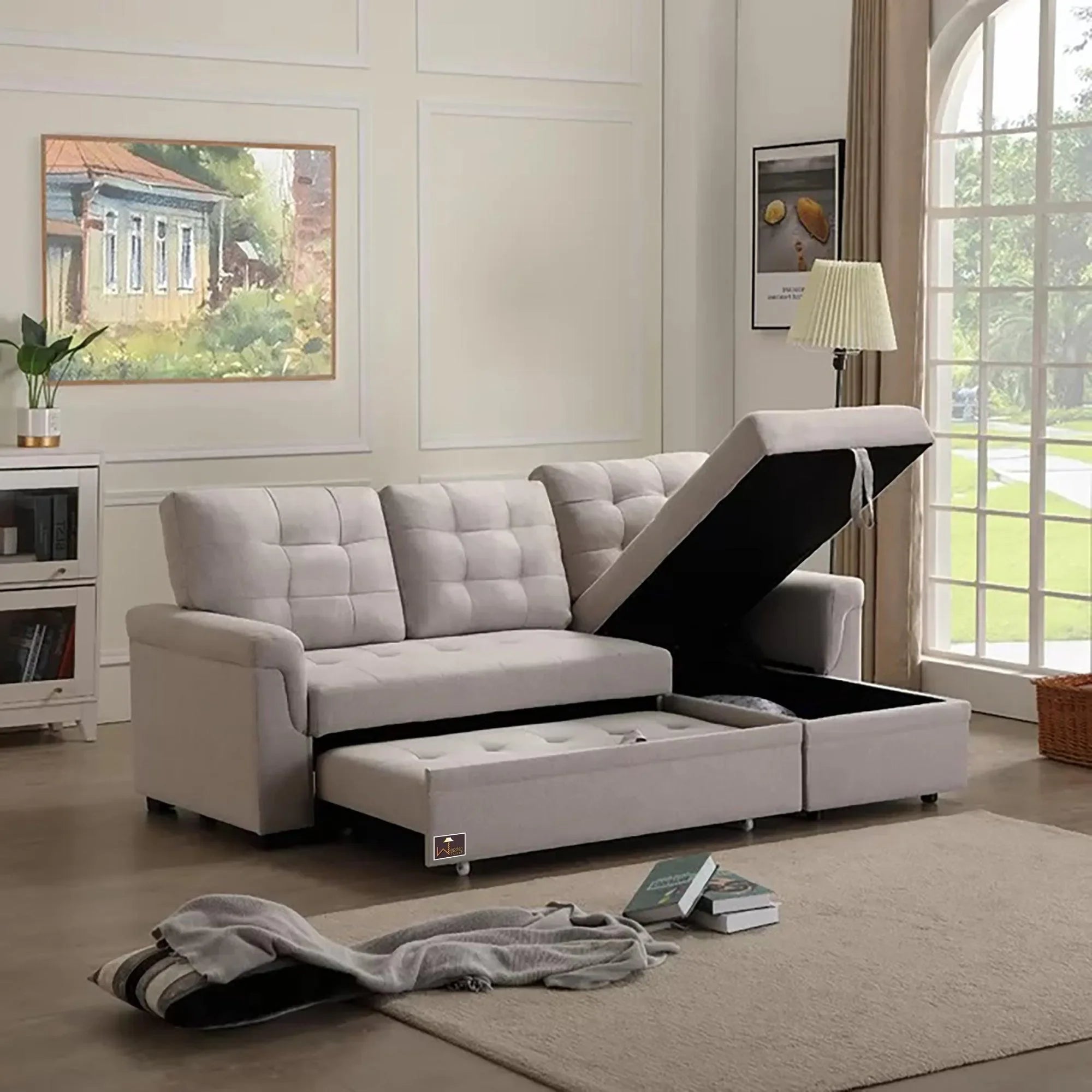 Modern 5 Seater L-Shape Sofa Cum Bed with Comfort Cushion - Wooden Twist UAE