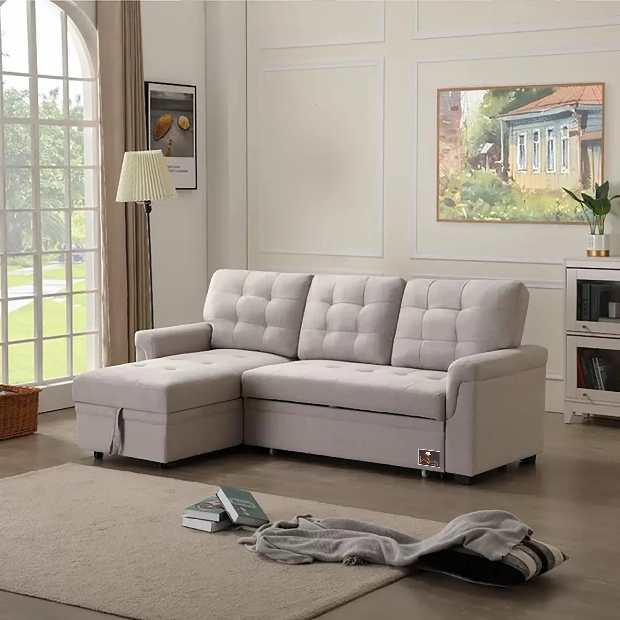 Modern 5 Seater L-Shape Sofa Cum Bed with Comfort Cushion - Wooden Twist UAE