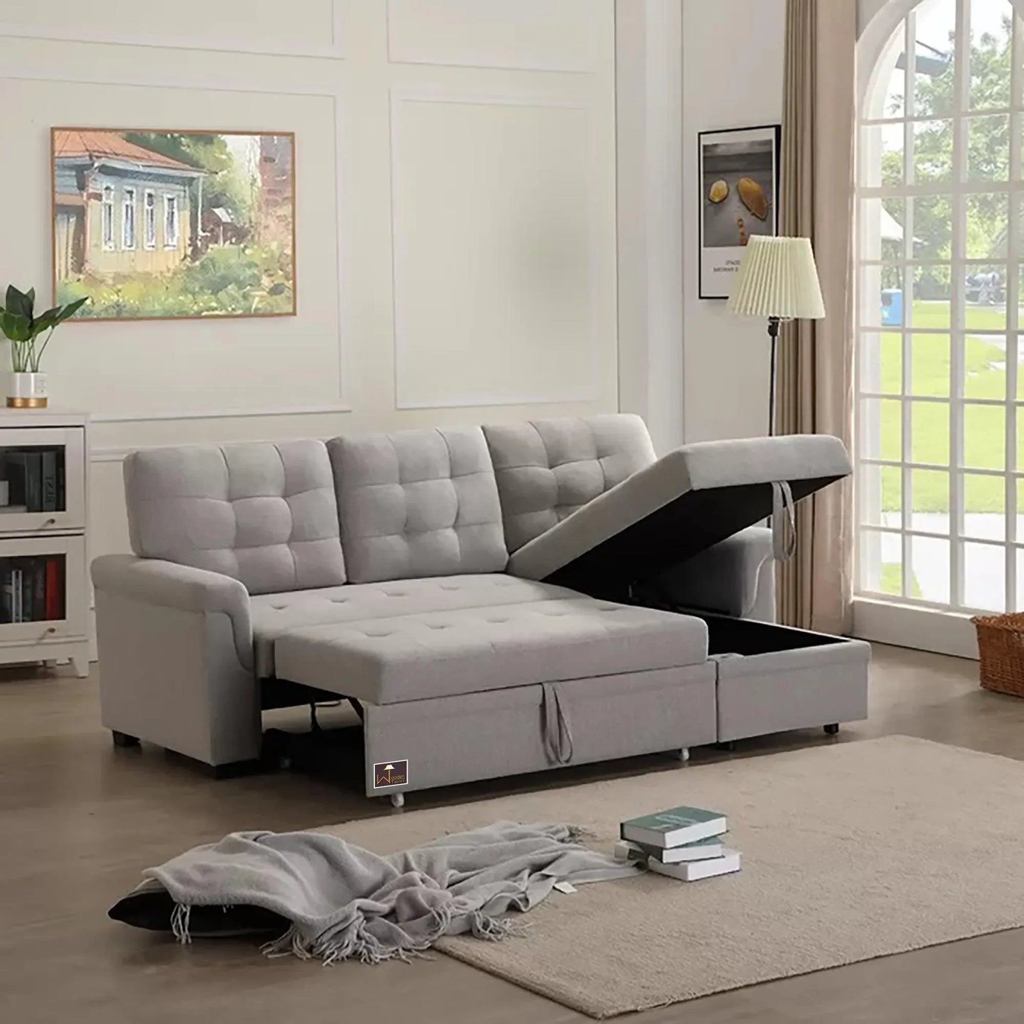 Modern 5 Seater L-Shape Sofa Cum Bed with Comfort Cushion - Wooden Twist UAE