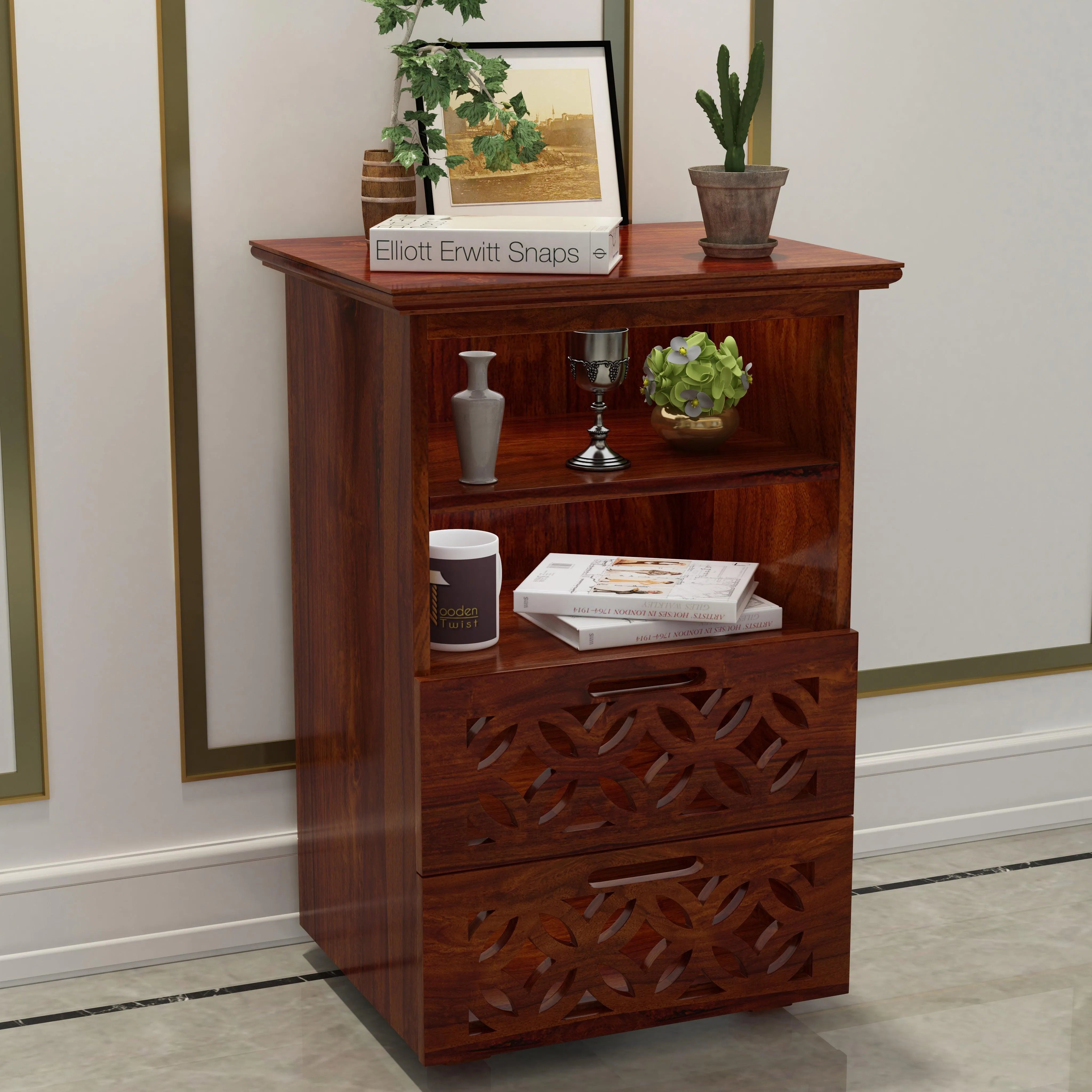 Mango Wood Bed Side Cabinet with 2 Drawer for Living Room - Wooden Twist UAE