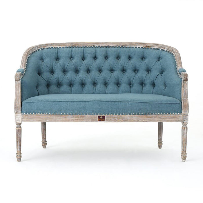 Wooden Flared Arm Loveseat Bench for Living Room Comfort for Backrest (2 Seater, Blue) - Wooden Twist UAE