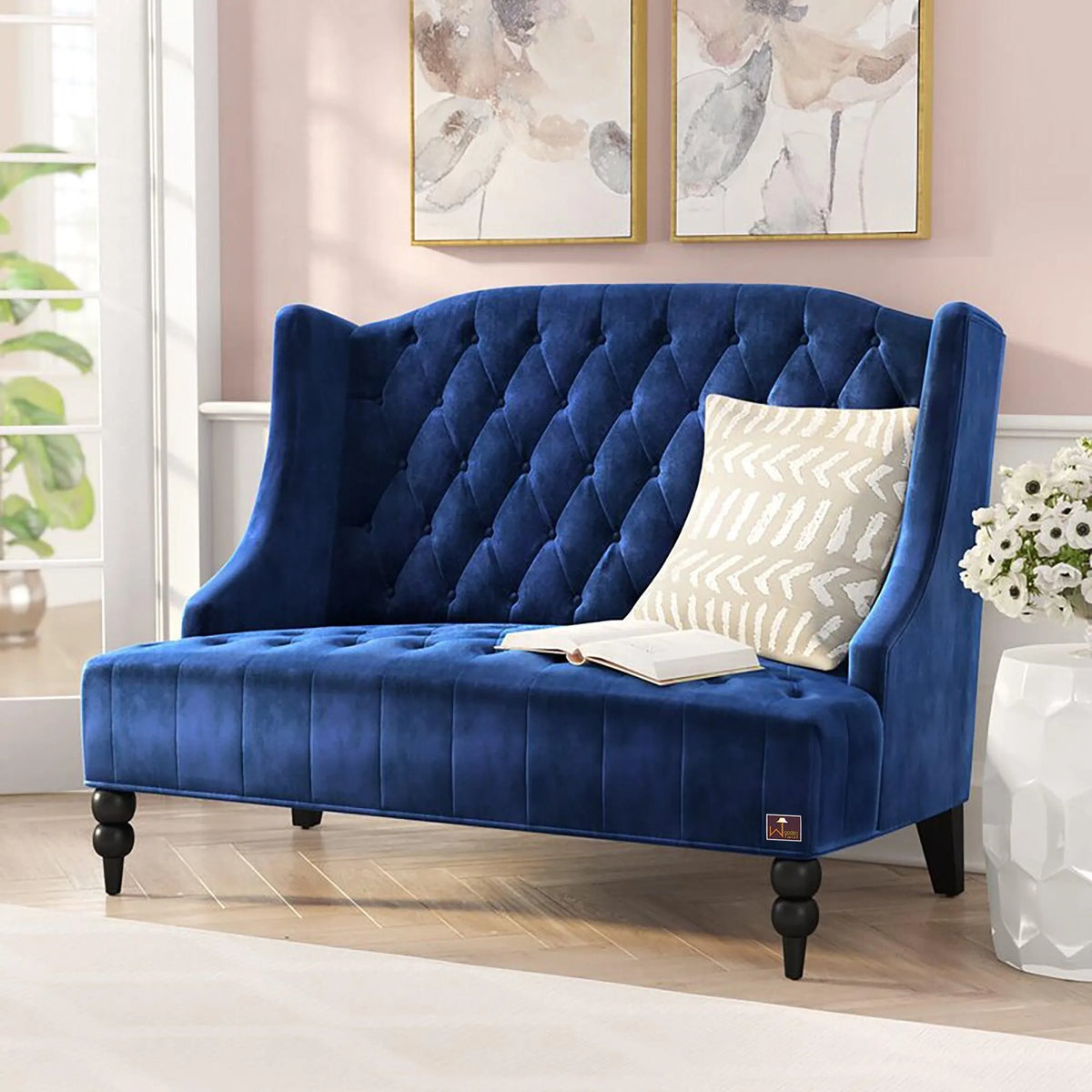 Wooden Recessed Arm Loveseat Bench (2 Seater, Navy Blue) - Wooden Twist UAE