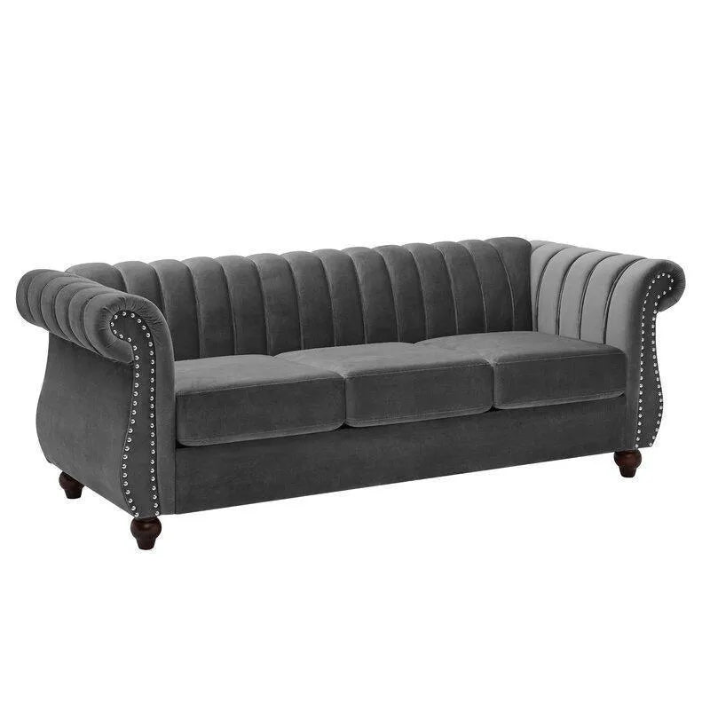 Designer Velvet Rolled Arm Chesterfield Sofa (3 Seater) - WoodenTwist