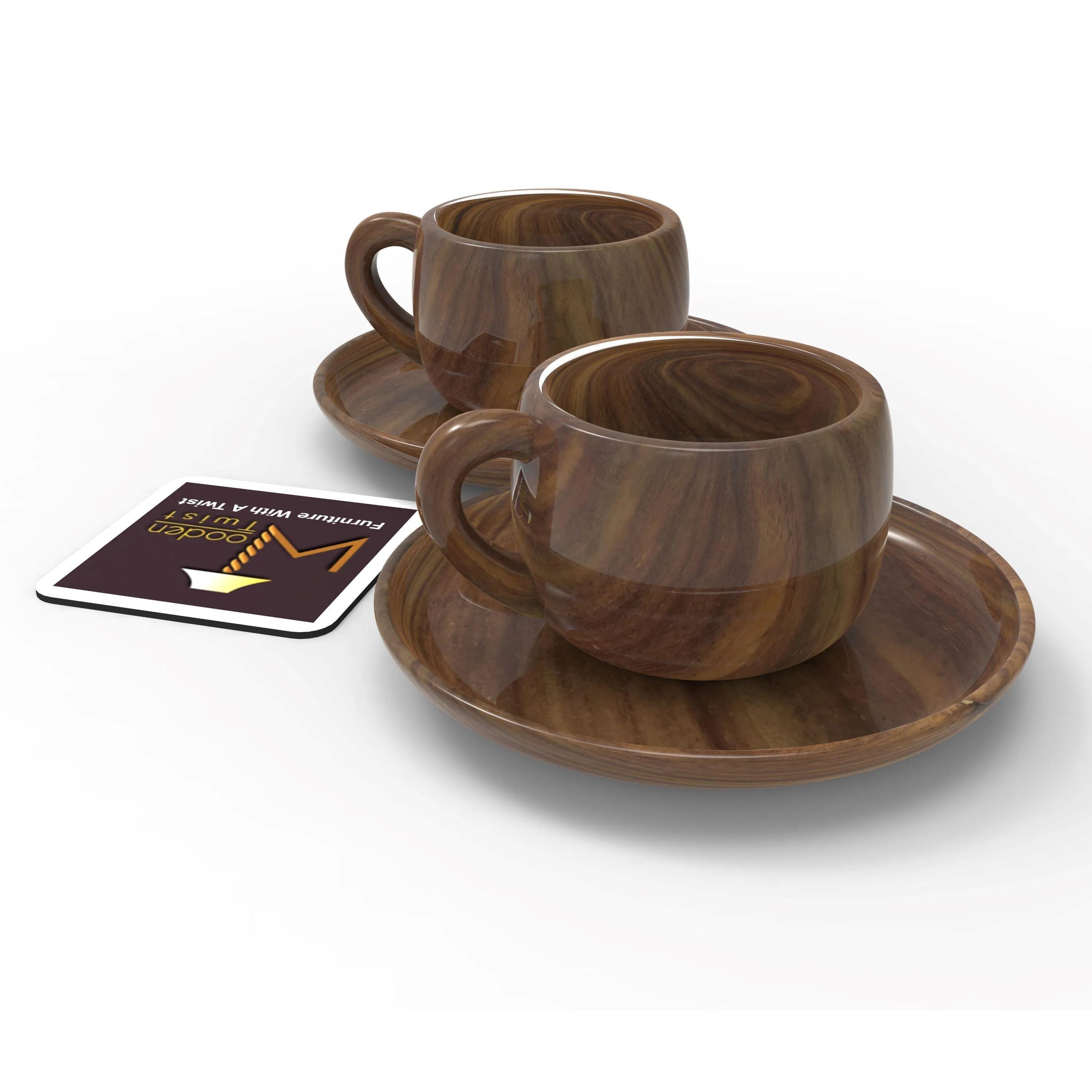 Sheesham Wood Exquisite Cup & Saucer (Set of 2) - Wooden Twist UAE